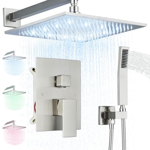 Sistema de ducha eléctrica con cabezal lluvia LED de 12 pulgadas y ducha de mano, acabado niquel cepillado, válvula mezcladora y cuerpo de instalación incluidos miniatura 1