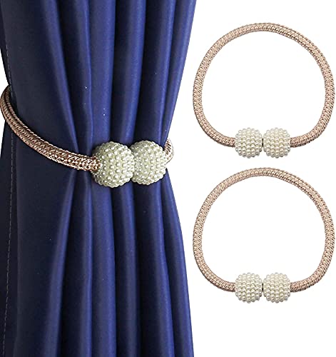 Image of Home Cloud Magnetic Curtain Tiebacks Convenient Drape Tie Backs - Pearl Decorative Rope Holdback Holder for Window Drapries Color Multi (1pair 2 pcs) (Beige.)