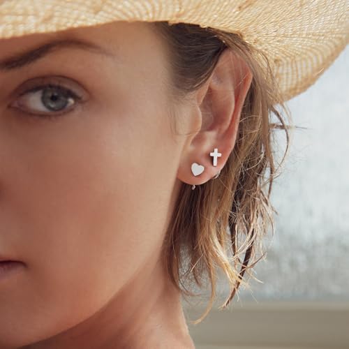Image of CHIC & ARTSY 925 Sterling Silver Half Hoop Earrings for Women, Small Huggie Hoops Set with Ball Bar Star Moon Cross & Pearl, Lightweight Comfort Fit Everyday & Sleep Earrings