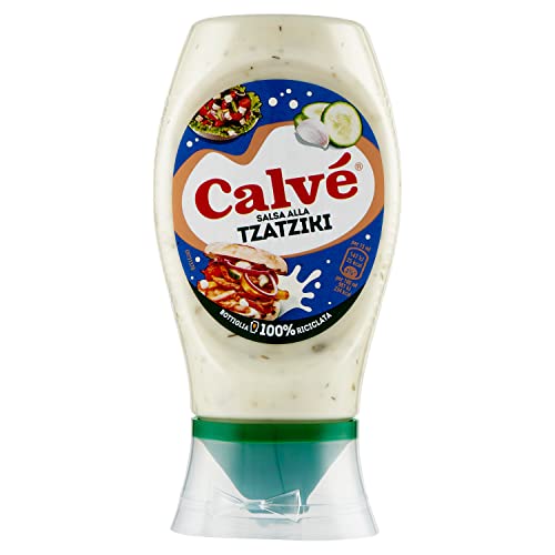 Calvé Salsa tzaziki, formato 250 ml, salsa tzaziki a base de pepino y ajo, ideal para pinzimonio, ensaladas, carne y pescado, sin colorantes, sin gluten, vegana.