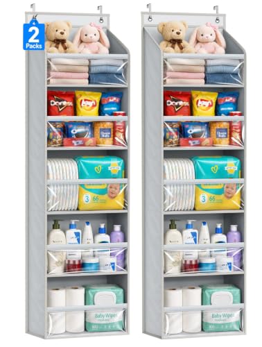 AOODA 2 Pack Over the Door Organizer, Large Capacity Closet Door Hanging Organizer, Clear Deep Pockets Baby Organizer Storage for Nursery, Bathroom, Bedroom, Pantry, Diapers (Grey)