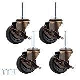 Antique Brass Casters Wheels 5/16' x 1-1/2' (8 x 38mm) Rubber Stem Casters Vintage Furniture Roller Casters (2.0 Inch Antique Caster with Brake)