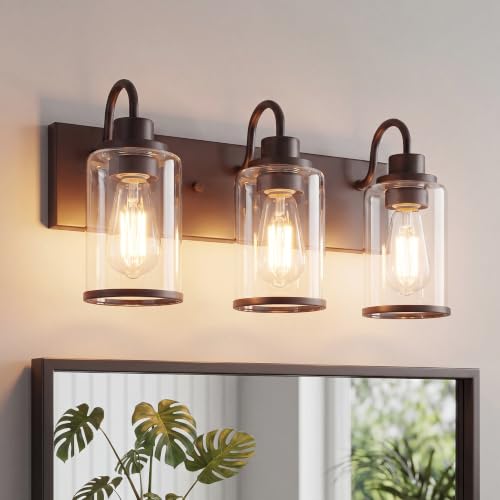 Image of Beionxii 3 Light Bathroom Light Fixtures, Oil Rubbed Bronze Vanity Lights with Clear Glass Shades, Vanity Lights Over Mirror, Wall Sconces for Kitchen Living Room Hallway Cabinet Porch, BX-VL01ORB-3CG