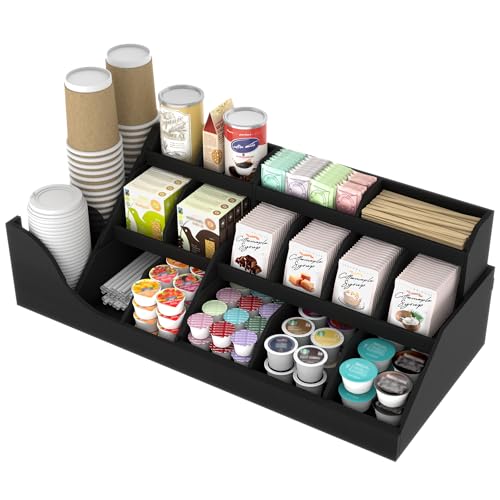 Image of Suli Exact Large Coffee Station Organizer,Wooden Countertop Pods Holder with Drawer,Storage for Condiment Syrup Tea Cups,Rustic Bar Decor for Accessories Organizer (3 Tiers 18 Compartments)-Black