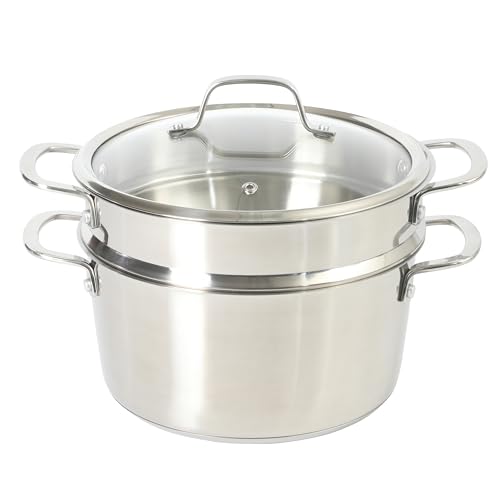 Image of Sur La Table Kitchen Essentials Chef's Deck 3-Piece 5.3-Quart Stainless Steel Dutch Oven with Steamer Insert & Glass Lid - Induction Ready, Tri-Ply Base, Polished Finish & Hollow Stay-Cool Handles