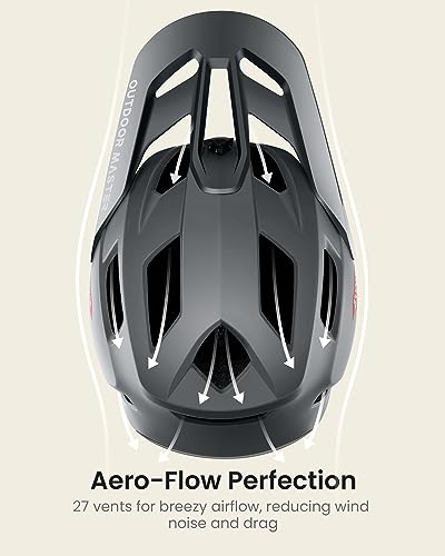 Image of OutdoorMaster Full Face Mountain Bike Helmet, Lightweight for BMX /DH | PC + EPP, 27 vents, Removable liner, 2 D-rings, Goggle strap channel, Pivoting visor, Fits 57-62cm, For downhill /BMX /MTB