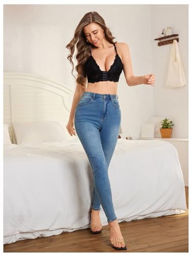 Image of MakeMeChic Lace Bralettes for Women Sexy Bras Sheer Deep V Front Closure Bra