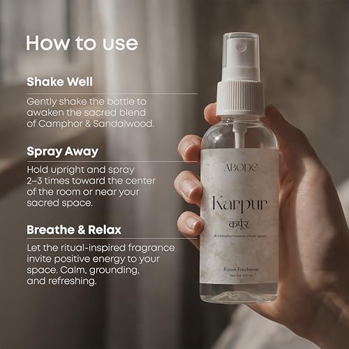 Image of ABODE Karpur Room Freshener | Camphor Sandalwood Ritual Spray | Spiritual Aromatherapy for Home and Pooja Space | Long-Lasting Fragrance | Paraben and Phthalate-Free | 100 ml