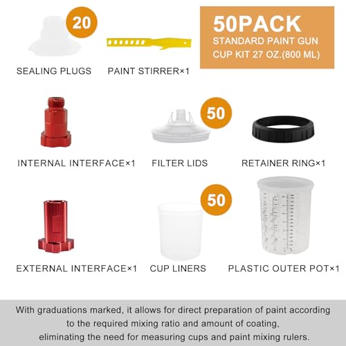 Image of RRJ Disposable Paint Cup Automotive Spray Gun Paint System, for LVLP /HVLP Spray Gun Kit 27 Ounce(800ML) Mixing Cups with 50 Liners and Lids, 1 Hard Cup with Retainer Ring, 2 Adapter, Stirrer