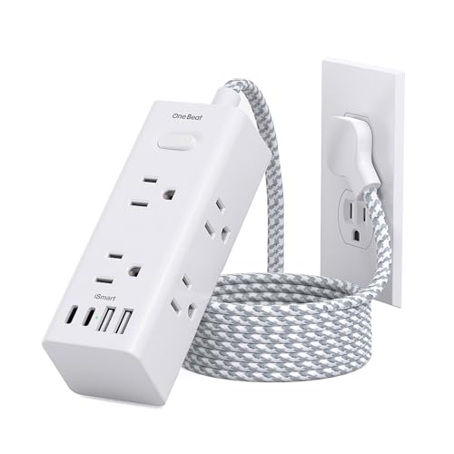Image of Flat Plug Extension Cord 5Ft, One Beat 5 Feet Surge Protector Power Strip with 6 Widely Outlets 4 USB Ports (2 USB C), 3 Way Wall Outlet Extender Extension Cord for Home Office College Dorm Room
