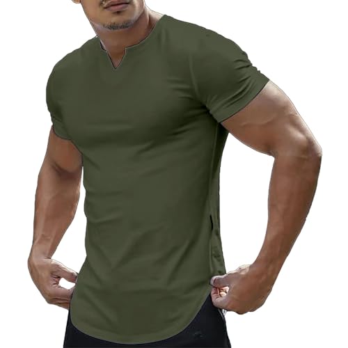 Camiseta para hombre de manga corta, ajustada, de secado rápido, camiseta de manga corta, deportiva, para fitness, secado rápido, entrenamiento físico, culturismo, Verde militar., M