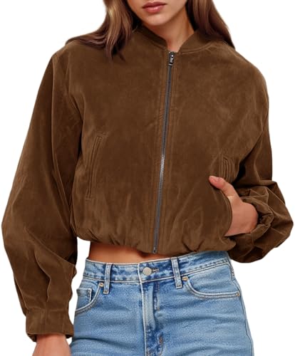 Tankaneo Womens Cropped Faux Suede Bomber Jackets Trendy Casual Zip Up Collarless Coats Oversized Spring Outerwear