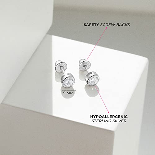 925 Sterling Silver 5mm Round Cubic Zirconia Screw Back Bezel Earrings for All Occasions - Excellent for Baby Girls, Toddlers, and Little Girls Playful or Formal Attire - Safe for Sensitive Ears4