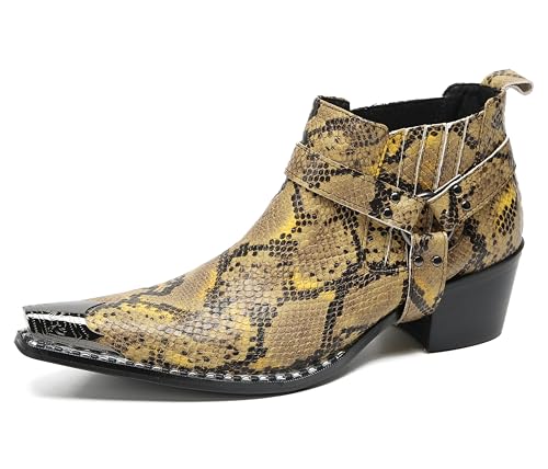Santimon Chelsea Boots Men Casual Party Dress Genuine Leather Metal Pointed Toe Silp On Snake Print Cowboy Boots Fashion Buckle Ankle Western Boots for Men