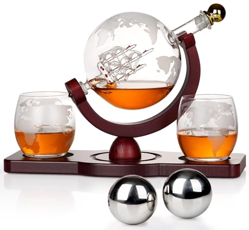 PONPUR Whisky Karaffe Set - Whiskey Geschenkset - Globus Dekanter 850ML Geschenkbox 2 Gläser 2 Whisky Steine Geschenke für Männer Männergeschenke Geburtstagsgeschenk Mann