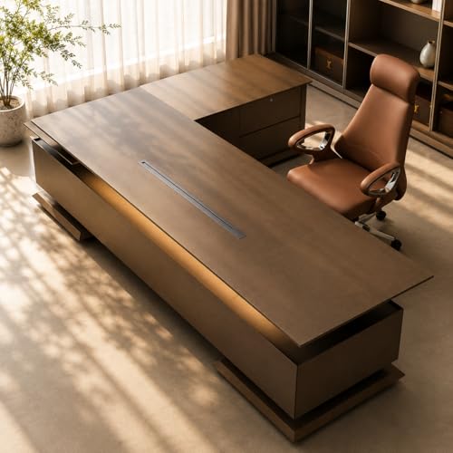 Image of Premium Executive Office Desk with Side Storage Cabinet, Modern CEO Manager Table in Dark Wood Finish for Luxury Office Cabin & Workspace Furniture (LDL-797 MDFL L8W3)
