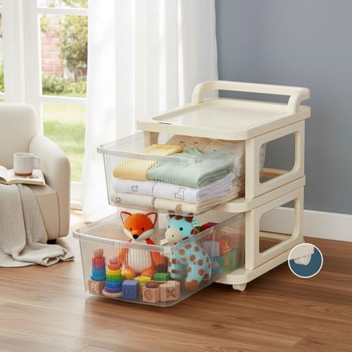 Image of Aliensware 2Layer Plastic Storage Drawer Organizer with Wheels, Modular Cabinet for Home, Office, School, Hospital, Parlor, Morden Kitchen,Clothes, Toys Organiser for Kids Room,Aliens-Clear Ivory