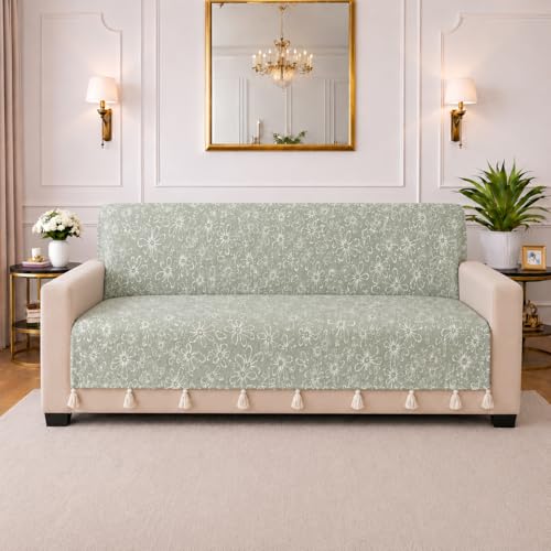 Image of STITCHNEST 'Verdant Phool Stories' 2 Seater Sofa Cover - Full Coverage| Elegant Jacquard Fabric, Decorative Tassels, Washable & Durable for Modern Living