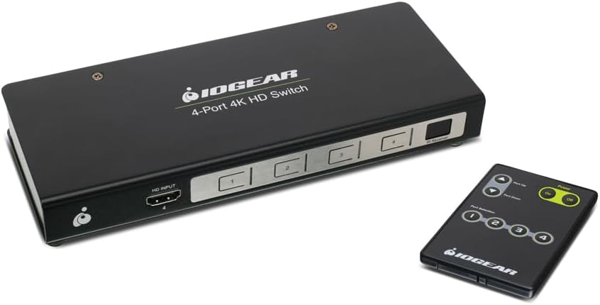 IOGEAR HDMI 4 Port Switch - 4K @ 60Hz - 4 In x 1 Out - True HD and DTS HD Master Audio - Auto Switch - IR Remote Control - Front panel LED - GHSW8441