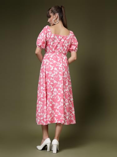 Image of OOMPH! Below Knee Shift Pink Dress in Crepe Fabric with Round Neck and Puff Sleeves - md619l