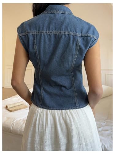WDIRARA Women's Button Down Denim Vest Top Ruched Cap Sleeve Collar Jean Top3