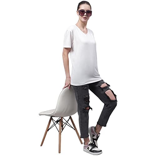 Image of Mack Jonney Women V Neck Cotton Solid Regular Fit T-Shirt-V Anthraa 001-P