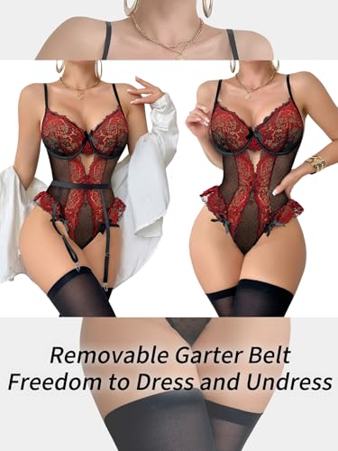 Image of Lilosy Sexy Stocking Lace Mesh Bodysuit Top Underwire Garter Lingerie Set 3 Piece