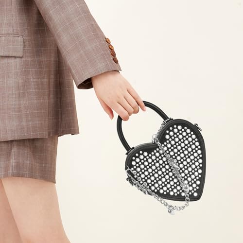 Image of TRBSXRT Heart Satchel Crossbody Purse for Women - Rivets Embellished Shoulder Bag, Leather Heart Shaped Handbag (Black)