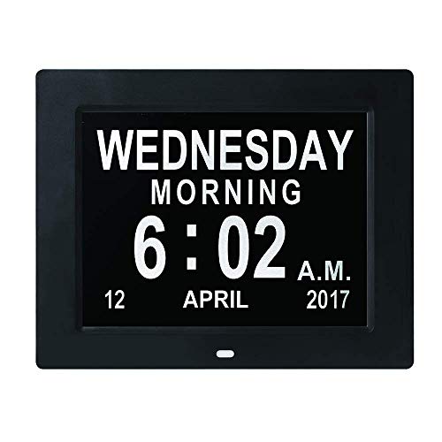 Digitale Kalender-Tagesuhr, automatisch dimmbares Display, großer, Nicht abgekürzter Tag und Monat mit 5 Alarm- und 3 Medikamentenerinnerungen für