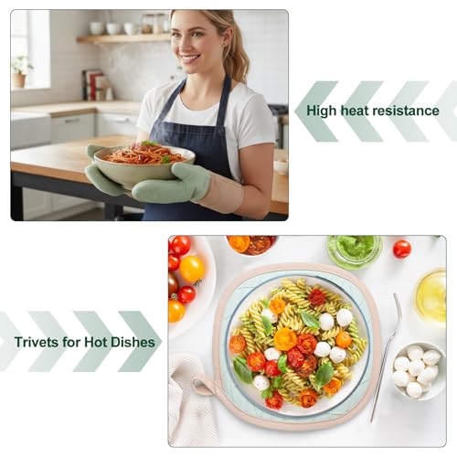 Romon Ofenhandschuhe, Topfhandschuhe Topflappen mit Silikon Handschuh Backofen 4er Set, Hitzebestaendig 350° und Extra Lang Waschbare, Backhandschuhe Kochhandschuhe zum Kochen Backen Grillen, Grün