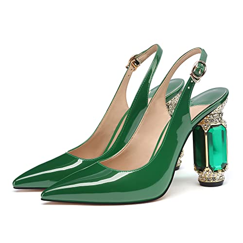 Image of JANSEVEN Women Chunky Heels Pumps Crystal Block Heels with Rhinestones Pointed Toe Sexy Gradient Patent Leather Slip on Bridal Party Wedding Dress Shoes 5-13 M US