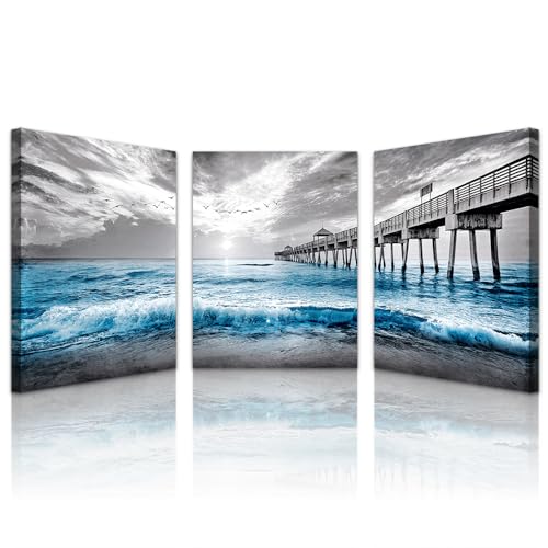 Lapremoly Black And White Beach Wall Paintings Wall Decorations For Living Room Large Canvas Wall Art For Bedroom Office Wall Decor Sea Wave Pictures Prints Artwork Modern Frame Home Decor 3 Piece