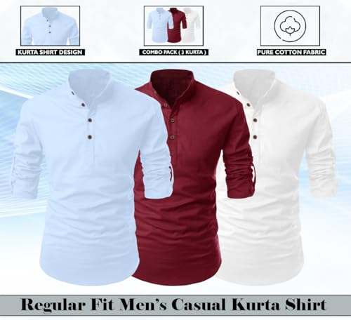 Image of FINIVO FASHION Combo of Men's Cotton Blend Solid Regular Fit Full Sleeve Straight Short Kurta Shirt, Casual and Formal Wear