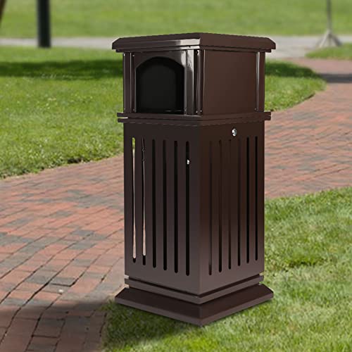 TFCFL Outdoor Trash Can, Recessed Panel Trash Can, Stainless Steel Commercial Garbage Enclosure, Industrial Yard Garage Waste Container, with Locking Lid, 8.8-Gallon Capacity (Brown)