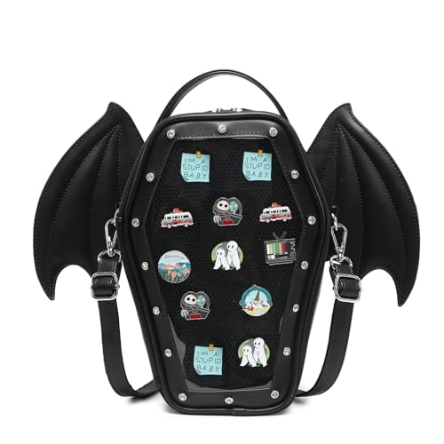 CHERRY SAUCE Gothic Coffin Shape Fashion Ita Bag Backpack Halloween Shoulder Bag, Detachable wings Purses Handbags