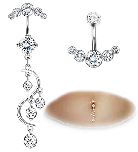 FIASASO Crystal Belly Button Ring for Women Unique 14G 316L Stainless Steel Dangle Belly Rings Belly Piercing Jewelry Navel Barbell Bling Crystals Body Jewelry