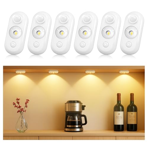 Image of LED Motion Sensor Puck Lights, Small Rechargeable Under Cabinet Light, Dimmable Warm White Closet Lights, Lithium-ion Battery Wireless Under Cabinet Lighting for Drawer, Kitchen (6 Pack)