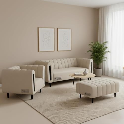 Image of Chesterfield Velvet Upholstery 3-Seater with Armchair and Footrest, Design in 3+1+Footrest Sofa for Living Room, Bedroom, Hallways (Beige Wood)