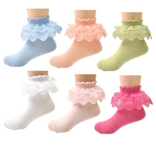 Baby Girls Ruffle Socks Lace Ruffle Frilly Cozy Princess Style Dress Socks for Toddler Little Girls 6 Pairs