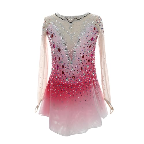 Handmade Sparkly Long Sleeve Figure Skating Dress for Girls and Ladies, Breathable Competition Ice Skating Dress(XX-Large) Pink