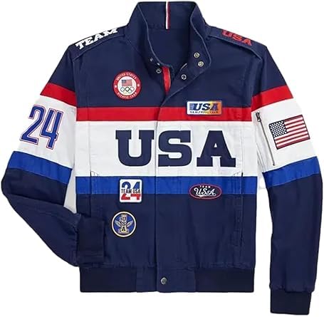 Unisex USA Olympic Team Jacket – Vintage Bomber Style with USA Flag, Embroidered Patches, Red White and Blue, Sports Track (US, Alpha, X-Large, Regular, Regular, Womens Blue)