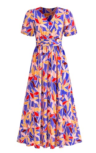 Image of PRETTYGARDEN Womes Boho Maxi Dresses 2026 Summer Spring V Neck Puff Sleeve Empire Waist A Line Flowy Long Beach Floral Dress