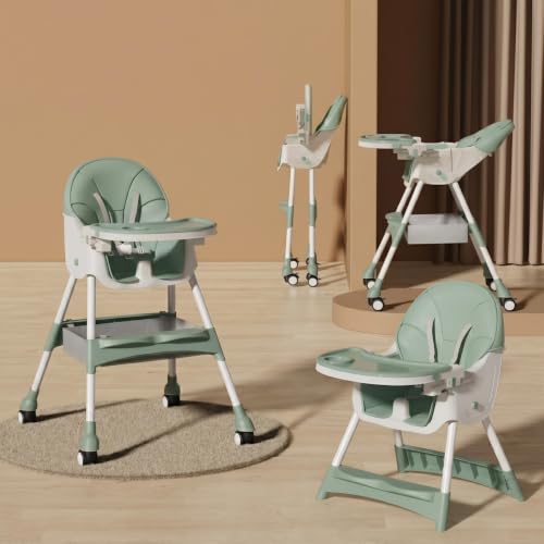 Image of 2-in-1 Convertible Baby High Chair for Feeding & Dining | Foldable High Chair with 5-Point Safety Harness, Double Removable Tray, Wide Footrest, Soft Cushion & Storage Basket | Lightweight Travel Friendly Baby Feeding Chair ( Green Color )