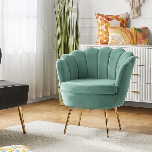 Image of HULALA HOME Modern Velvet Accent Chair with Shell Shaped Back, Cute Living Room Bedroom Armchair Sofa Chair with Gold Legs, Comfy Upholstered Vanity Chair for Makeup Room, Sage