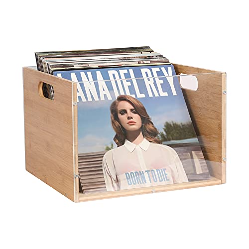 Record Album Storage Crate, Bamboo & Acrylic Vinyl â€‹Record Crate, Multifunctional Visible Record Holder Crate with Handle, Great for Storing Vinyl â€‹Record LP's/Albums Hanging Letter Size Folders Toy Clothes