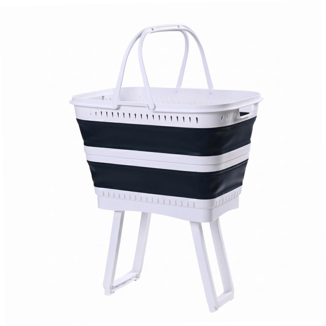 Tsawntd Collapsible Plastic Laundry Basket with Legs, 26l Large Capacity Foldable Hamper With Handles for Bathroom, Bedroom, Kitchen, Playroom, Dorm, Dark Blue Folding Laundry Basket Collapsible