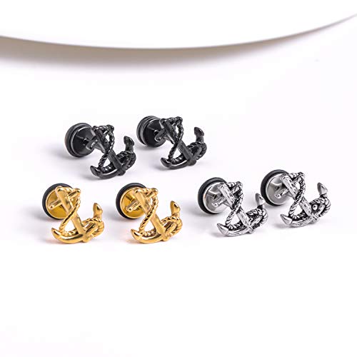 Stainless Steel Mens Women Marine Anchor Stud Earrings, Screw Back, Black/Gold/Silver #TOP2