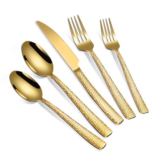 20-Piece Silverware Set, Gold Hammered Stainless Steel Flatware Sets for 4, Food-Grade Tableware Set, Including Fork Knife Spoon Set, Home Kitchen Cutlery Sets, Dishwasher Safe