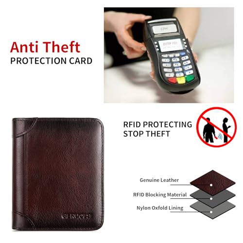 Bifold Slim Men Wallet Genuine Leather, Wallet for Men With 1 ID Window and RFID Blocking, 7credit card slots, (Coffe)4