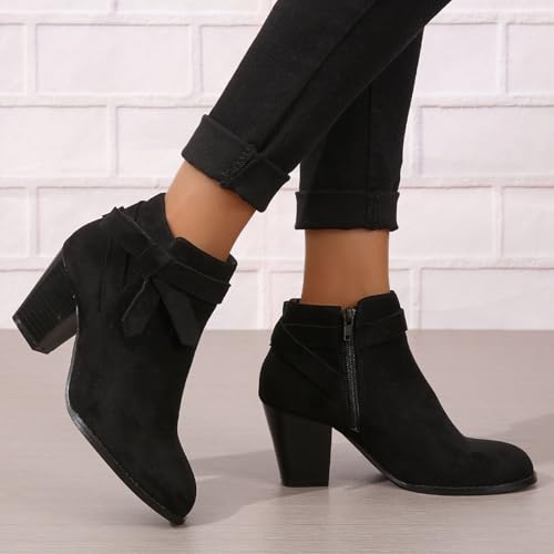 Women's Tie Knot Chelsea Pump Ankle Boots Closed Toe Stacked Heel Booties Shoes Faux Suede Side Zipper Western Booties High Heel Fall Winter Shoes3